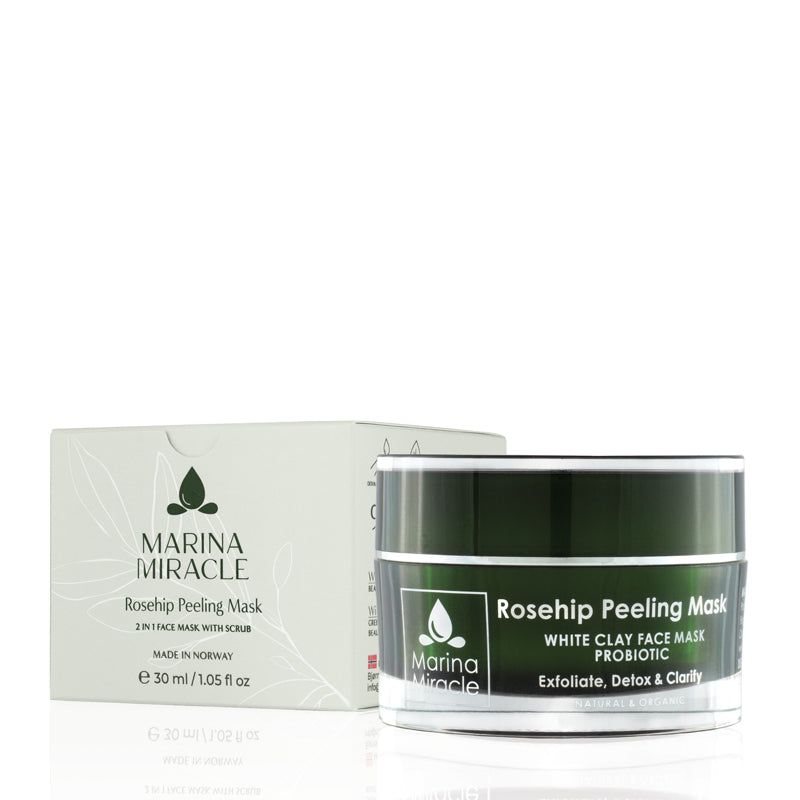 Rosehip Peeling Mask is a organic white french clay based claymask that will clean your pores and extract blackheads from your skin. Its both an enzyme and mechanical exfoliating mask.