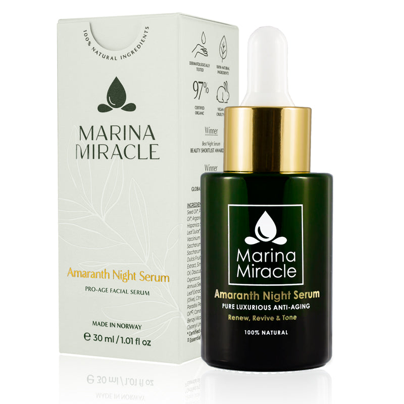 totally natural night serum, amaranth 30ml. This serum comes in a dark green bottle to protect the contents from harmful UV rays. It has a glass pipette so you only extract from the bottle the small amount you need for that day.