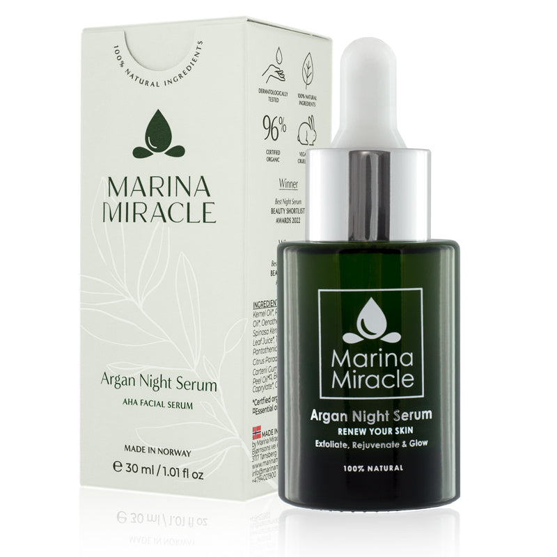 Argan Night Serum - use this 2-3 times a week to renew, exfoliate and rejuvenate tired skin.
